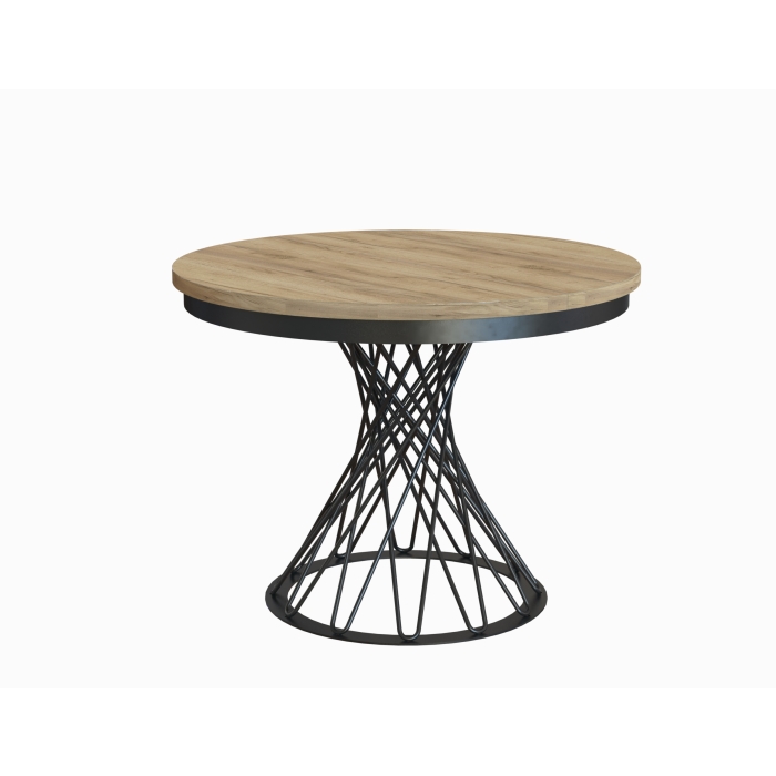 Stół rozkładany okrągły LORENZO 100–138 cm – loftowy design, czarne nogi, blat dąb craft biały
